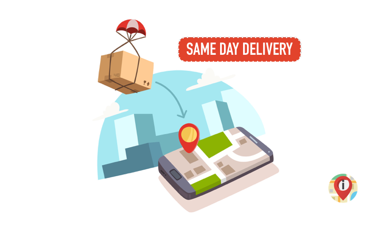 Box with pachute and phone with location Free Vector